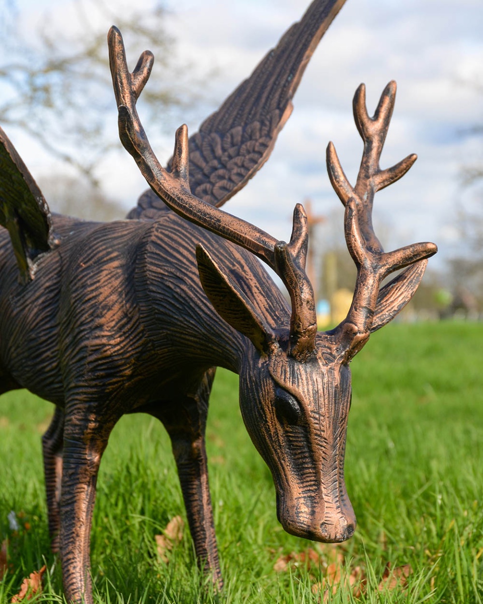 Close Up Of The Bronze & Copper Winged Deer Garden Sculpture - Head Down