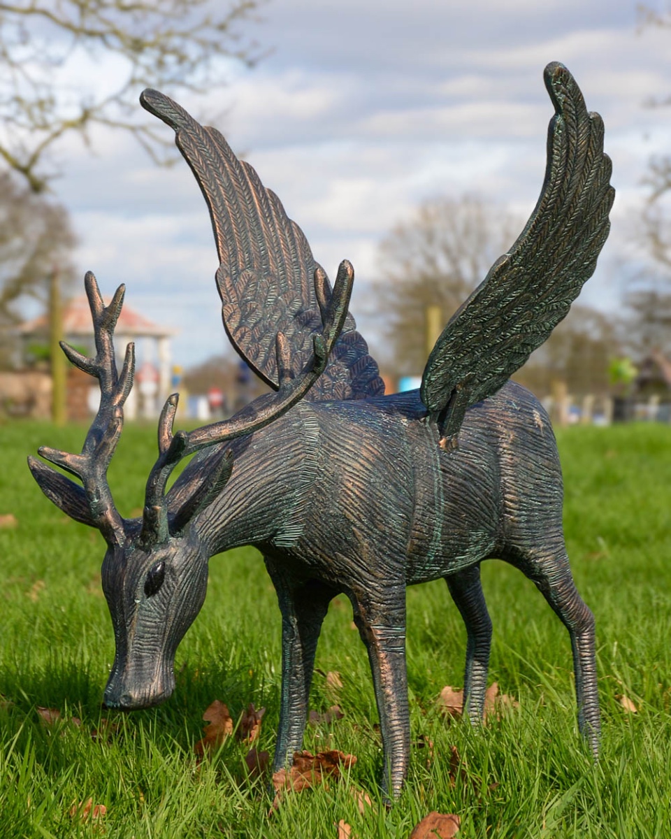 'Elowen' The Verdigris Winged Deer Garden Sculpture - Head Down