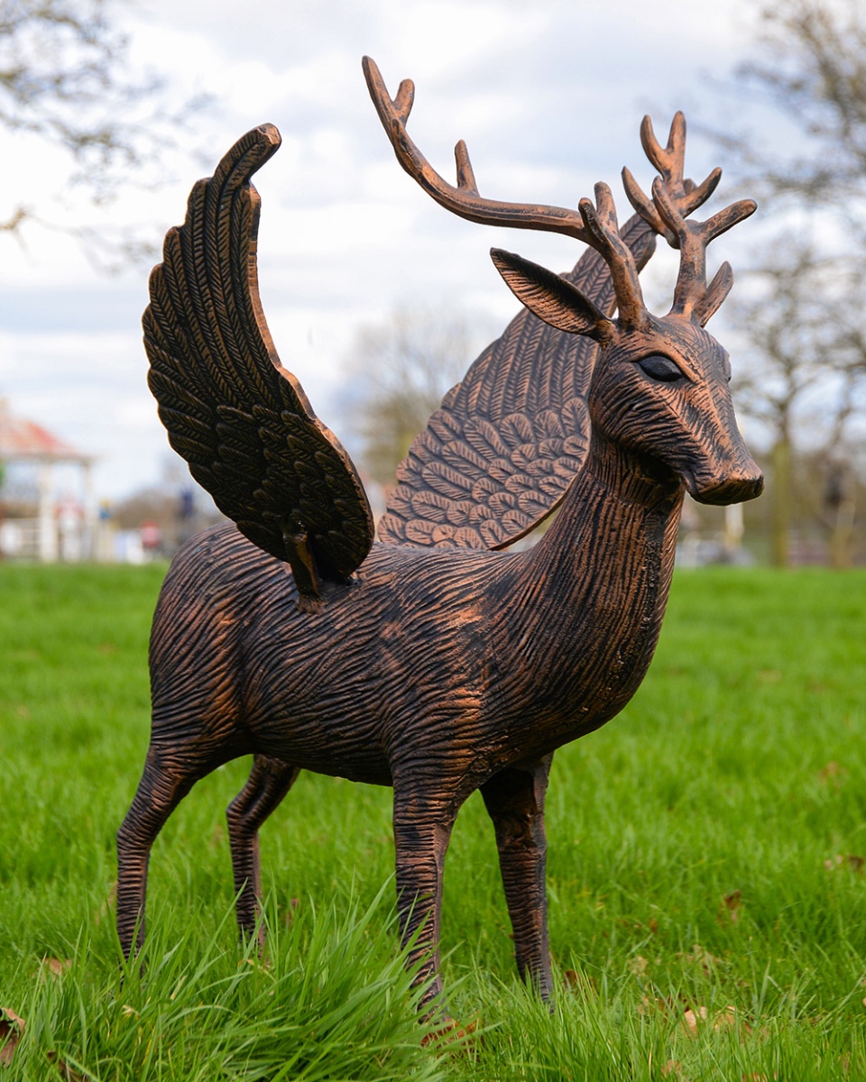 'Elowen' The Bronze & Copper Winged Deer Garden Sculpture - Head Up