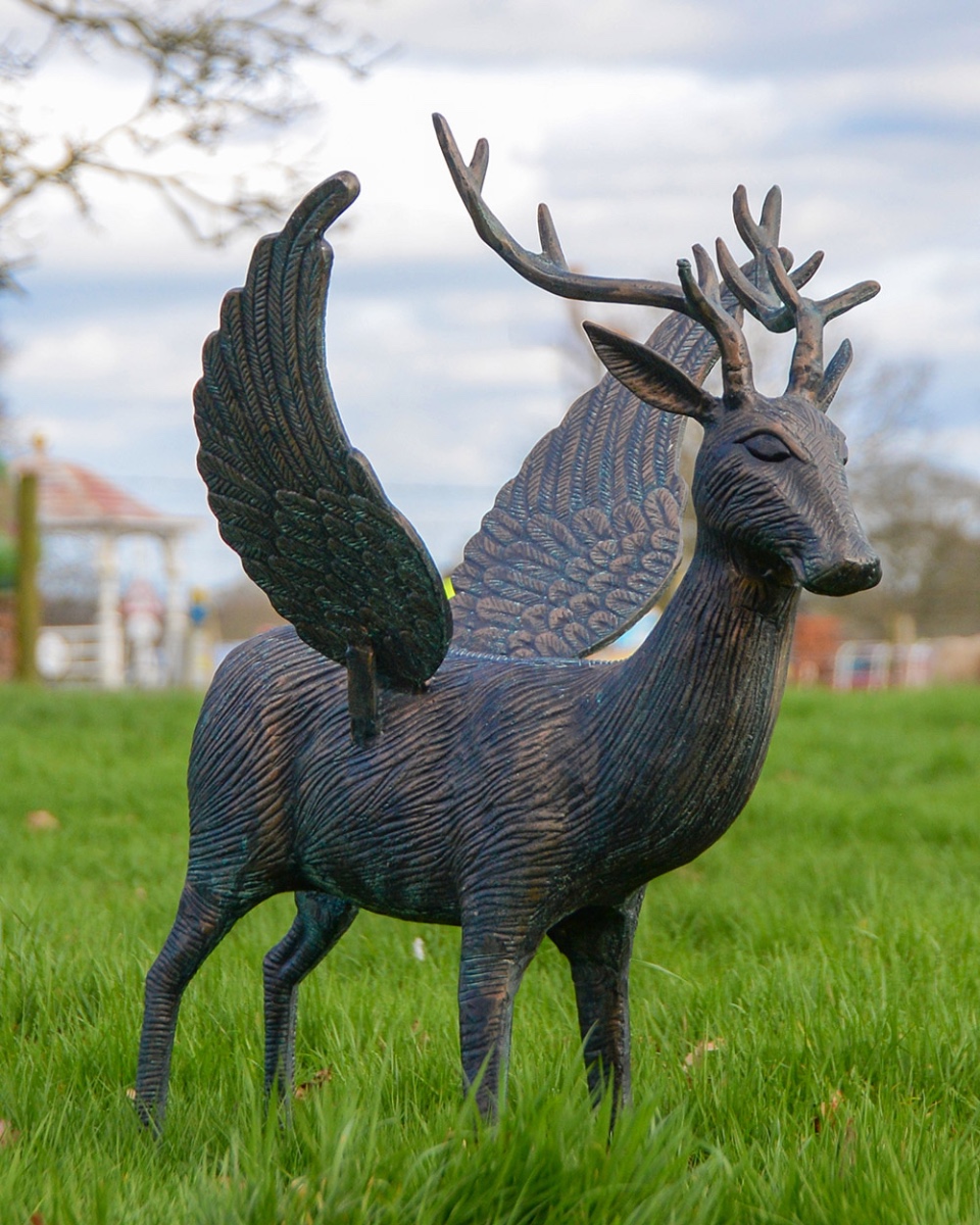 'Elowen' The Verdigris Winged Deer Garden Sculpture - Head Up