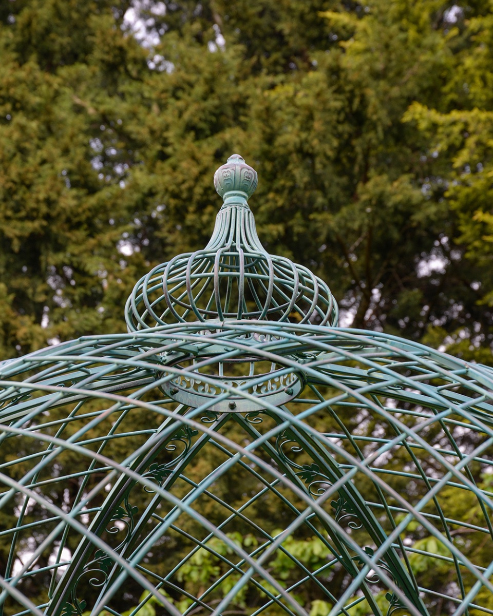 Pale Green Ornate Netherfield Aged Wrought Iron Garden Gazebo Roof