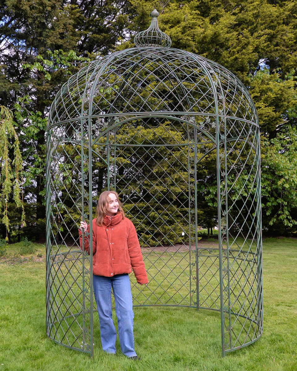 Pale Green Ornate Netherfield Aged Wrought Iron Garden Gazebo To Scale