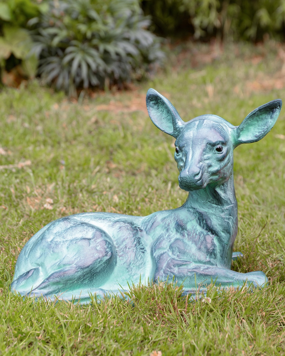 Cast Aluminium 'The Gentle Watcher' Lying Fawn Garden Sculpture - Verdigris