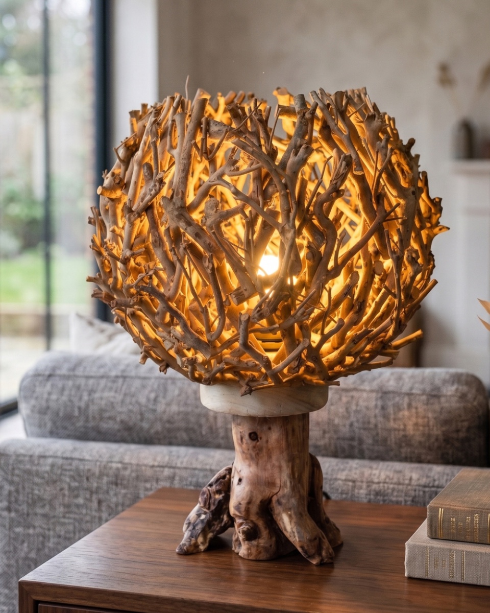 Handcrafted Twig Globe Table Lamp wi…