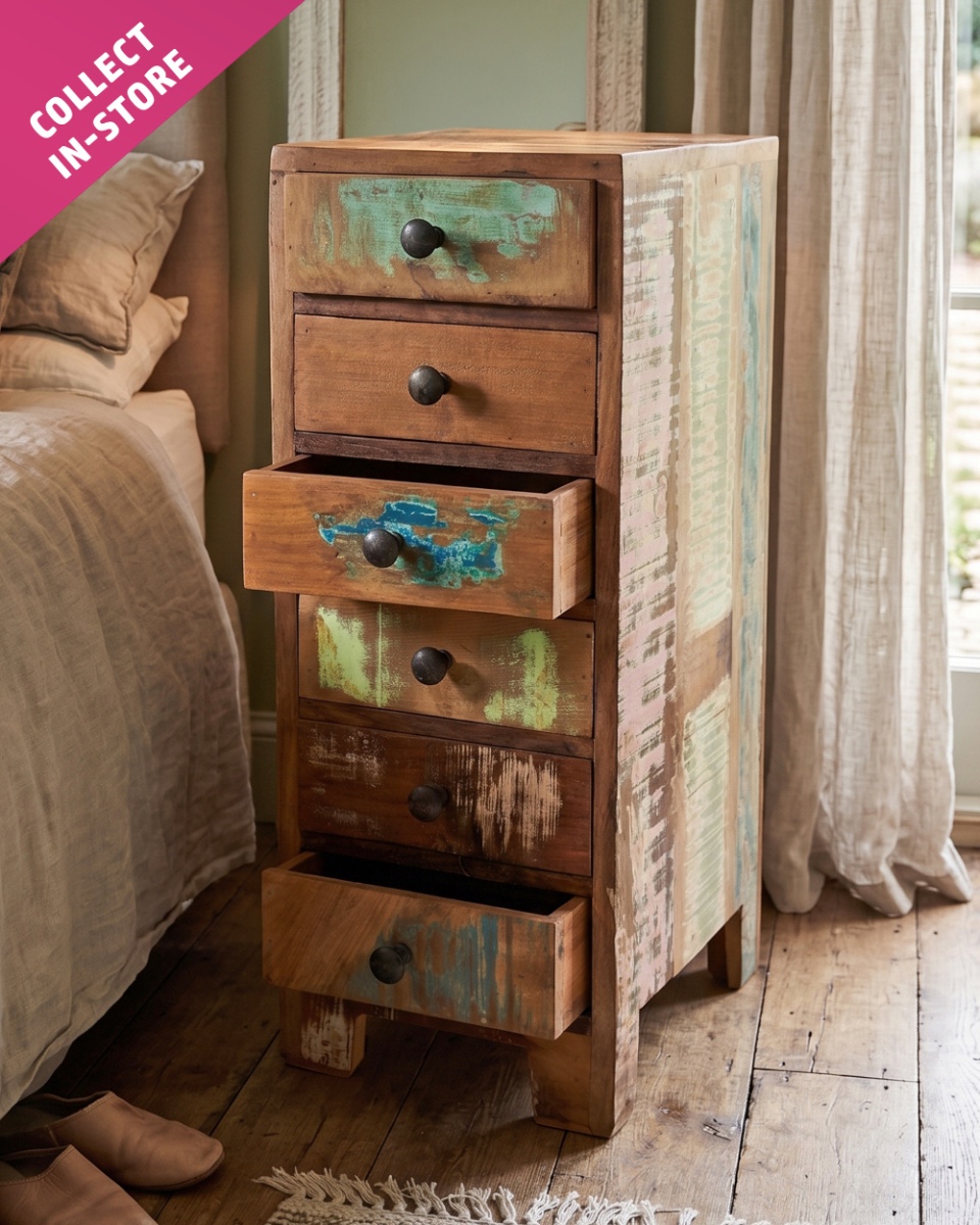 Recycled Wood Six Draw Bedside Table