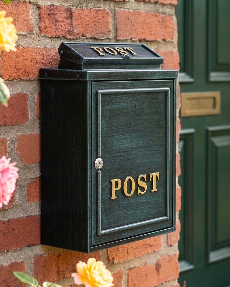 Antique Green Wall Mounted Post Box With Gold Lettering