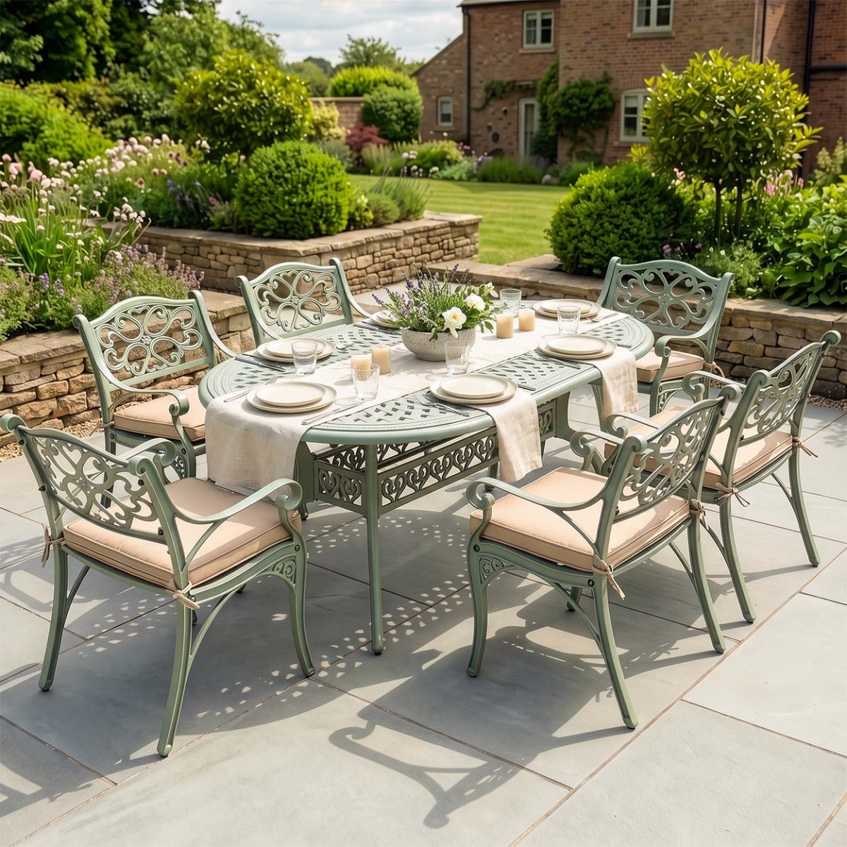 Dressed 'Wisteria' Sage Green Six Seater Garden Dining Set Digital Illustration