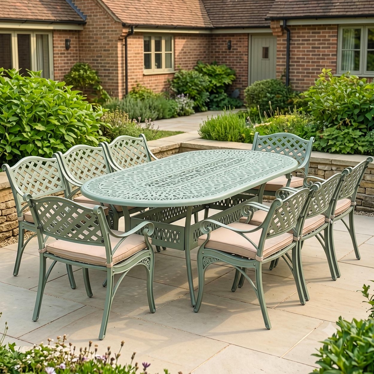 'Meadowcrest' Eight Seater Garden Furniture Set In Sage Green