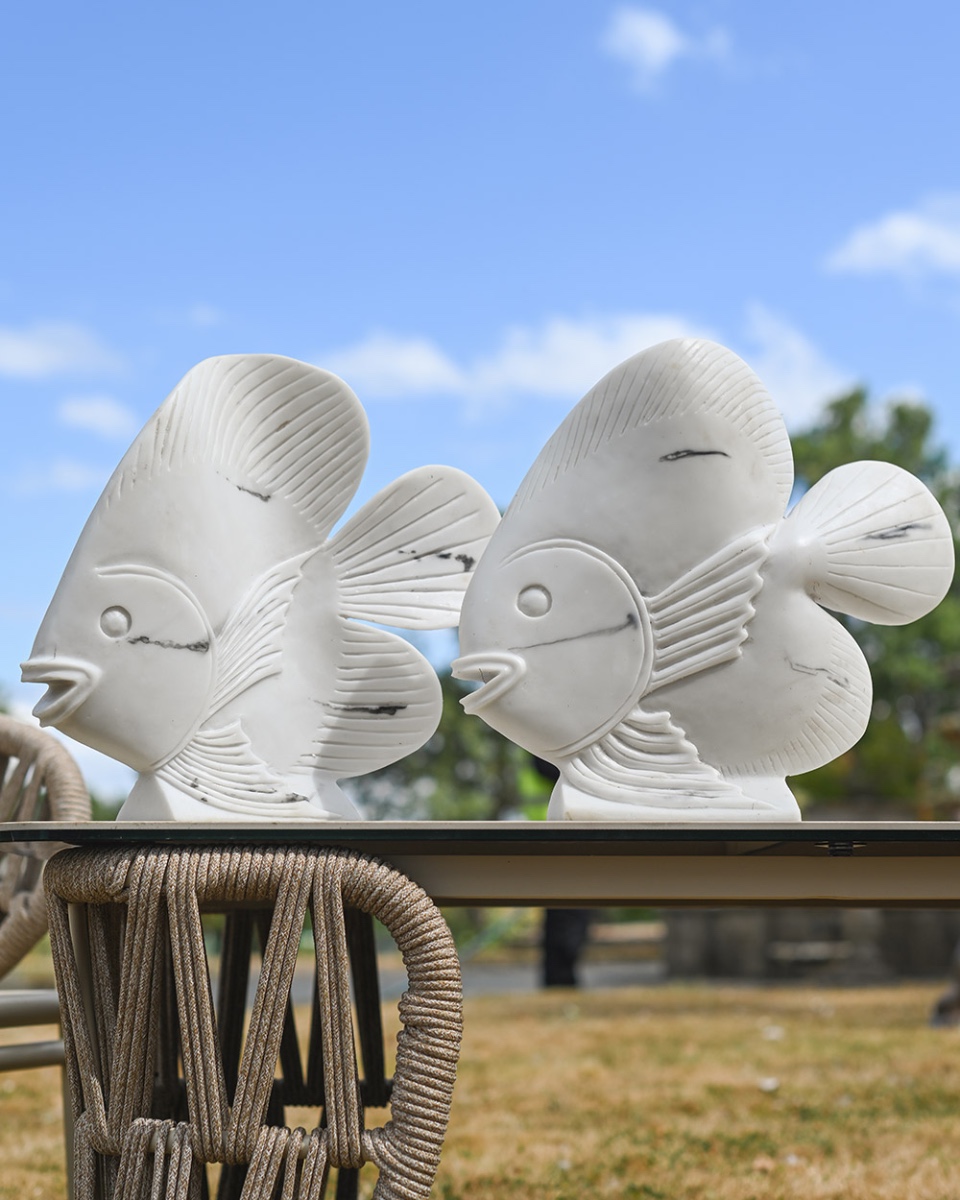 Marble Effect Ornate Pair Of Angelfish Garden Sculptures