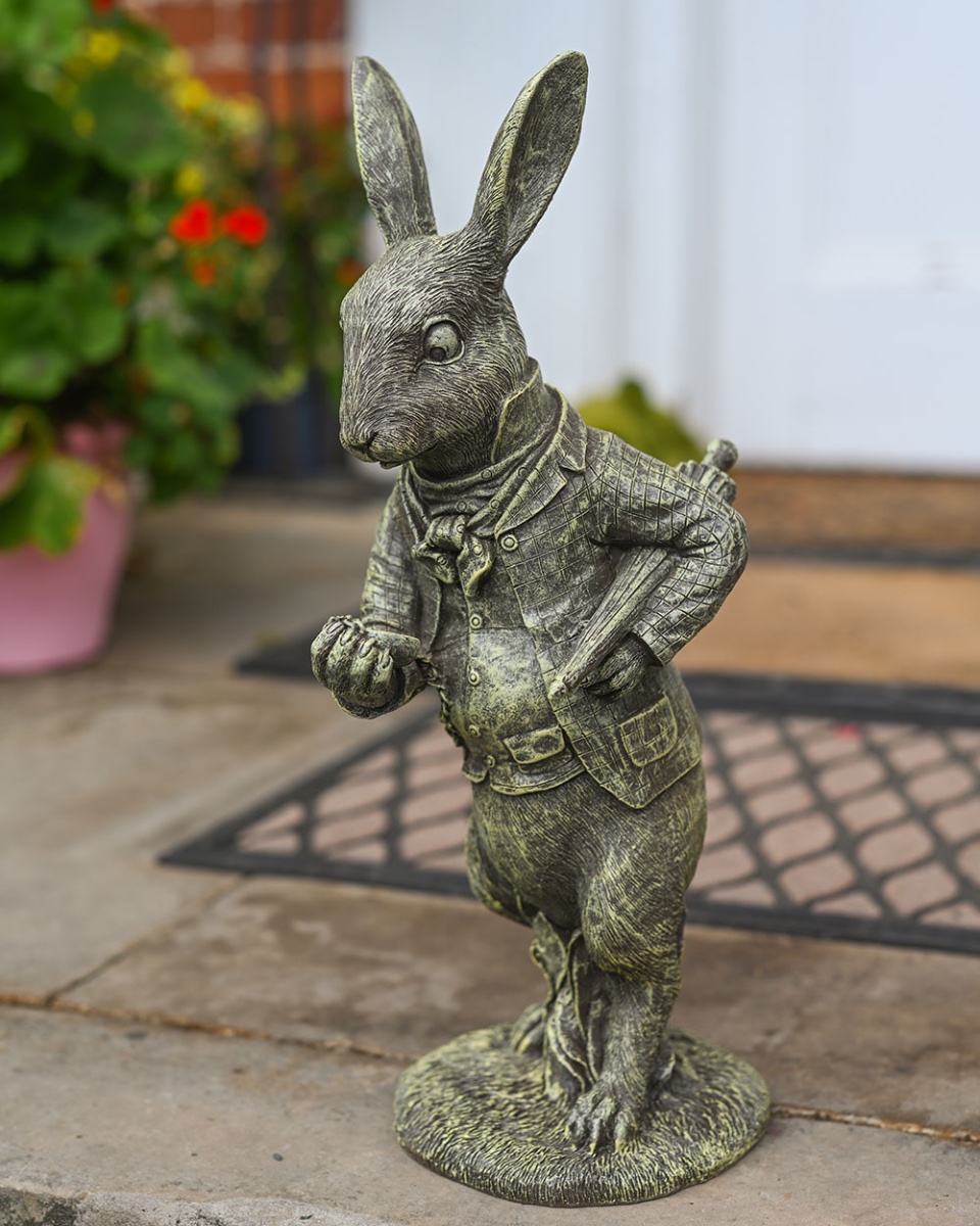 Verdigris 'I'm Late' Rabbit Garden Sculpture