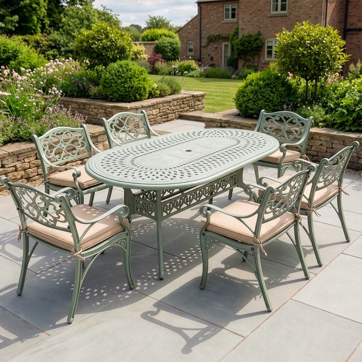'Wisteria' Sage Green Six Seater Garden Dining Set