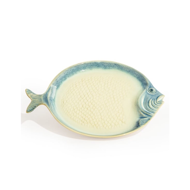 Blue and White Round Ceramic Fish Dish